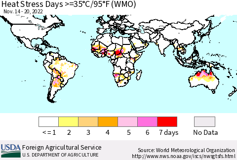 World Heat Stress Days >=35°C/95°F (WMO) Thematic Map For 11/14/2022 - 11/20/2022