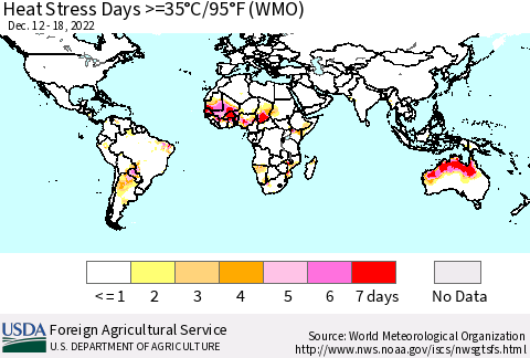 World Heat Stress Days >=35°C/95°F (WMO) Thematic Map For 12/12/2022 - 12/18/2022