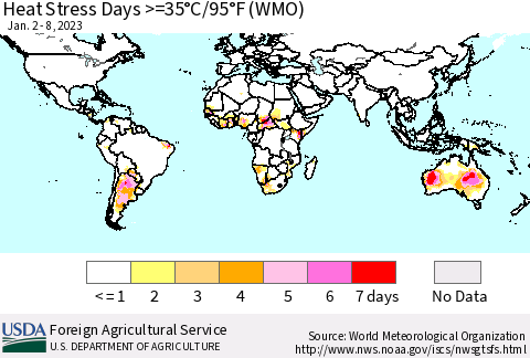 World Heat Stress Days >=35°C/95°F (WMO) Thematic Map For 1/2/2023 - 1/8/2023