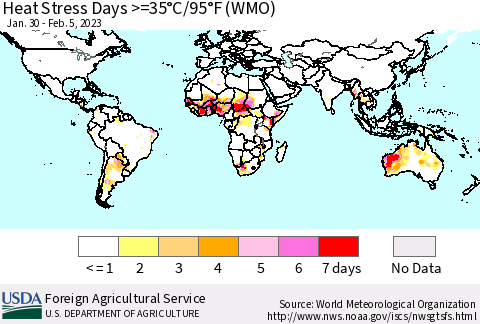 World Heat Stress Days >=35°C/95°F (WMO) Thematic Map For 1/30/2023 - 2/5/2023