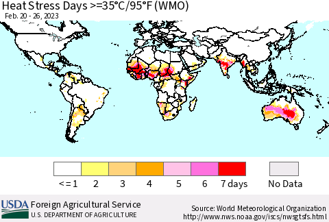 World Heat Stress Days >=35°C/95°F (WMO) Thematic Map For 2/20/2023 - 2/26/2023