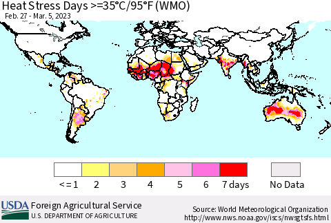 World Heat Stress Days >=35°C/95°F (WMO) Thematic Map For 2/27/2023 - 3/5/2023