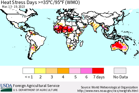 World Heat Stress Days >=35°C/95°F (WMO) Thematic Map For 3/13/2023 - 3/19/2023