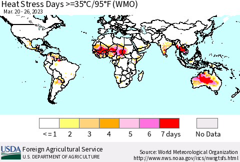 World Heat Stress Days >=35°C/95°F (WMO) Thematic Map For 3/20/2023 - 3/26/2023