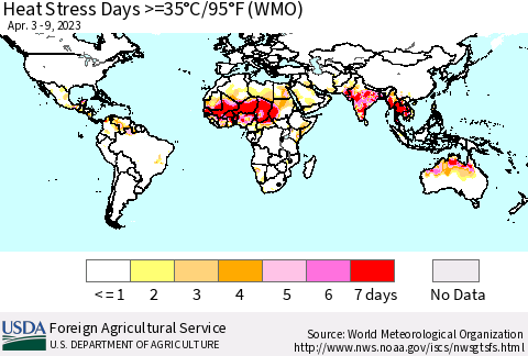 World Heat Stress Days >=35°C/95°F (WMO) Thematic Map For 4/3/2023 - 4/9/2023