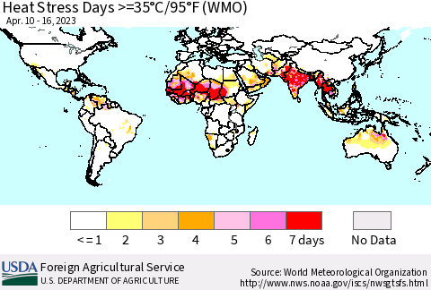 World Heat Stress Days >=35°C/95°F (WMO) Thematic Map For 4/10/2023 - 4/16/2023