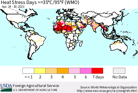 World Heat Stress Days >=35°C/95°F (WMO) Thematic Map For 4/24/2023 - 4/30/2023