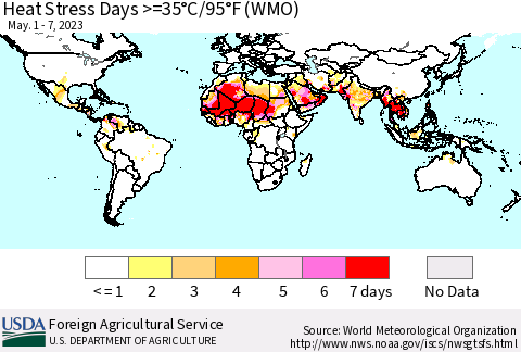 World Heat Stress Days >=35°C/95°F (WMO) Thematic Map For 5/1/2023 - 5/7/2023