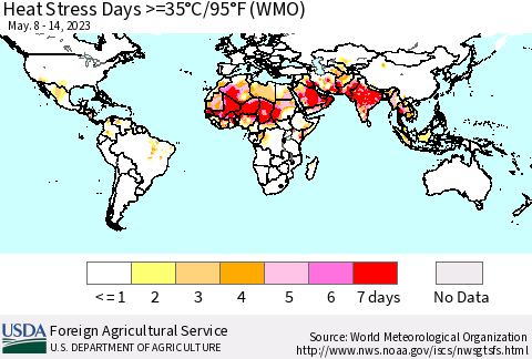 World Heat Stress Days >=35°C/95°F (WMO) Thematic Map For 5/8/2023 - 5/14/2023