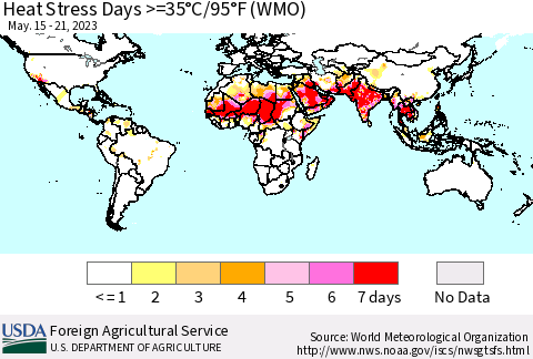 World Heat Stress Days >=35°C/95°F (WMO) Thematic Map For 5/15/2023 - 5/21/2023