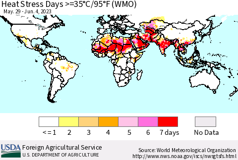 World Heat Stress Days >=35°C/95°F (WMO) Thematic Map For 5/29/2023 - 6/4/2023