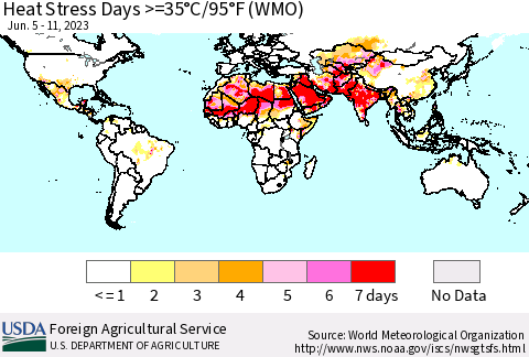 World Heat Stress Days >=35°C/95°F (WMO) Thematic Map For 6/5/2023 - 6/11/2023