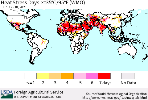 World Heat Stress Days >=35°C/95°F (WMO) Thematic Map For 6/12/2023 - 6/18/2023