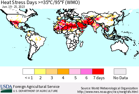 World Heat Stress Days >=35°C/95°F (WMO) Thematic Map For 6/19/2023 - 6/25/2023