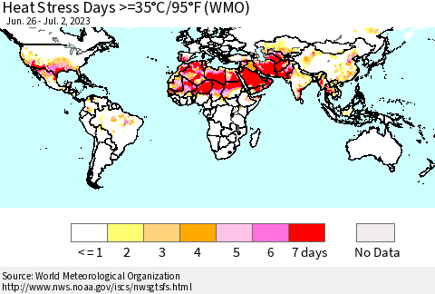 World Heat Stress Days >=35°C/95°F (WMO) Thematic Map For 6/26/2023 - 7/2/2023