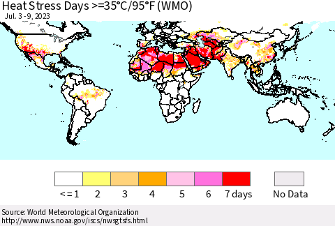 World Heat Stress Days >=35°C/95°F (WMO) Thematic Map For 7/3/2023 - 7/9/2023