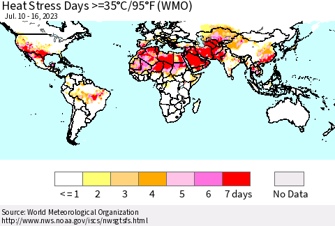World Heat Stress Days >=35°C/95°F (WMO) Thematic Map For 7/10/2023 - 7/16/2023