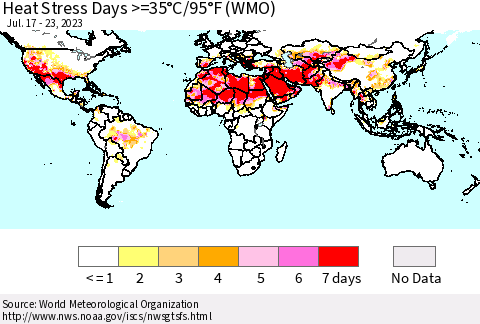 World Heat Stress Days >=35°C/95°F (WMO) Thematic Map For 7/17/2023 - 7/23/2023