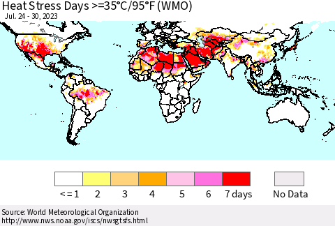 World Heat Stress Days >=35°C/95°F (WMO) Thematic Map For 7/24/2023 - 7/30/2023