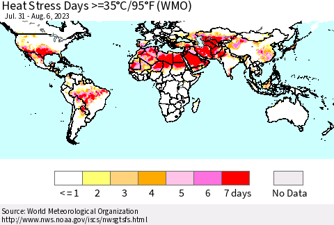 World Heat Stress Days >=35°C/95°F (WMO) Thematic Map For 7/31/2023 - 8/6/2023