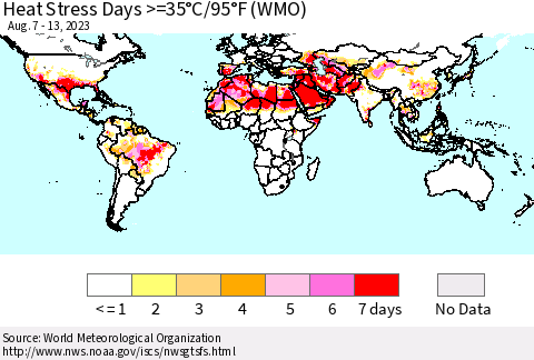 World Heat Stress Days >=35°C/95°F (WMO) Thematic Map For 8/7/2023 - 8/13/2023