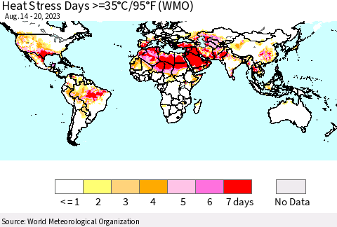 World Heat Stress Days >=35°C/95°F (WMO) Thematic Map For 8/14/2023 - 8/20/2023