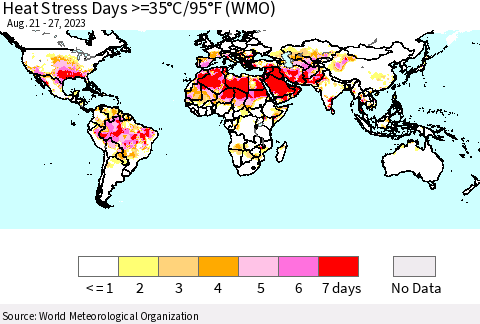 World Heat Stress Days >=35°C/95°F (WMO) Thematic Map For 8/21/2023 - 8/27/2023