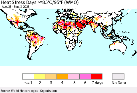 World Heat Stress Days >=35°C/95°F (WMO) Thematic Map For 8/28/2023 - 9/3/2023