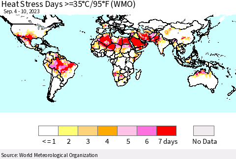World Heat Stress Days >=35°C/95°F (WMO) Thematic Map For 9/4/2023 - 9/10/2023