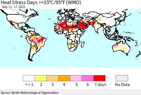 World Heat Stress Days >=35°C/95°F (WMO) Thematic Map For 9/11/2023 - 9/17/2023