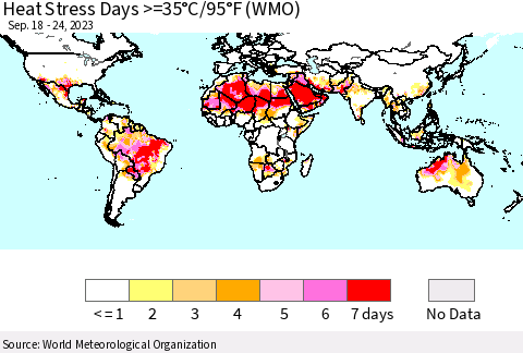 World Heat Stress Days >=35°C/95°F (WMO) Thematic Map For 9/18/2023 - 9/24/2023