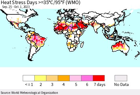World Heat Stress Days >=35°C/95°F (WMO) Thematic Map For 9/25/2023 - 10/1/2023