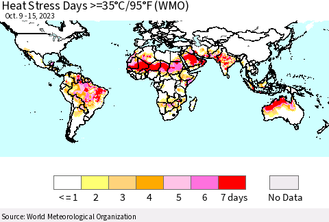 World Heat Stress Days >=35°C/95°F (WMO) Thematic Map For 10/9/2023 - 10/15/2023