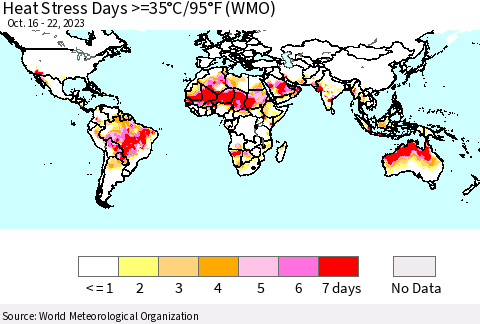 World Heat Stress Days >=35°C/95°F (WMO) Thematic Map For 10/16/2023 - 10/22/2023