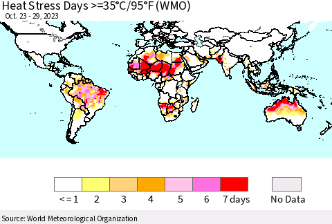 World Heat Stress Days >=35°C/95°F (WMO) Thematic Map For 10/23/2023 - 10/29/2023