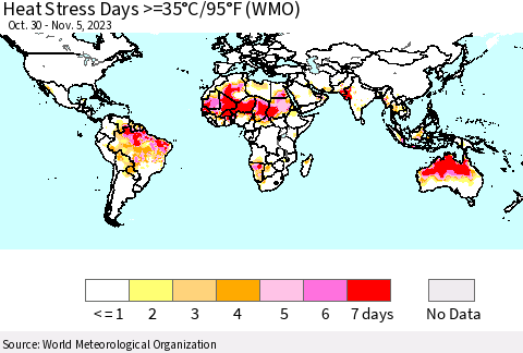 World Heat Stress Days >=35°C/95°F (WMO) Thematic Map For 10/30/2023 - 11/5/2023