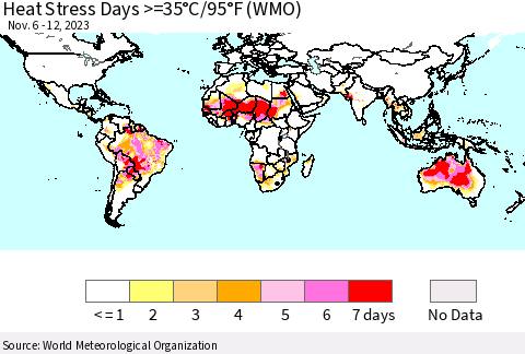 World Heat Stress Days >=35°C/95°F (WMO) Thematic Map For 11/6/2023 - 11/12/2023