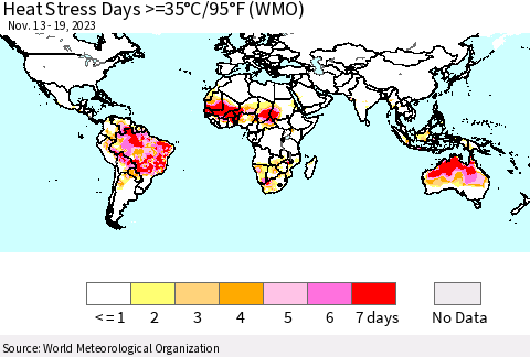 World Heat Stress Days >=35°C/95°F (WMO) Thematic Map For 11/13/2023 - 11/19/2023