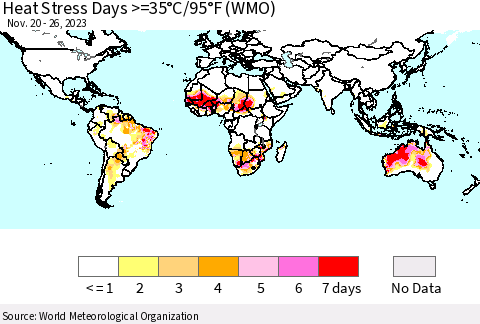 World Heat Stress Days >=35°C/95°F (WMO) Thematic Map For 11/20/2023 - 11/26/2023
