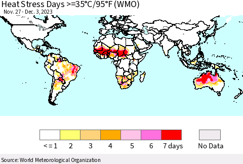 World Heat Stress Days >=35°C/95°F (WMO) Thematic Map For 11/27/2023 - 12/3/2023