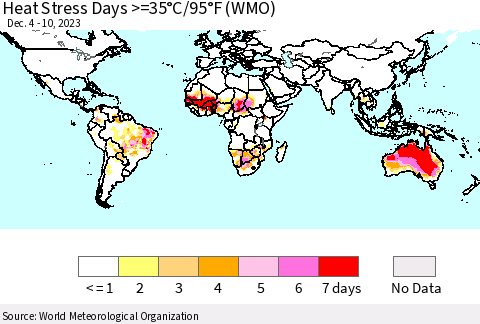World Heat Stress Days >=35°C/95°F (WMO) Thematic Map For 12/4/2023 - 12/10/2023