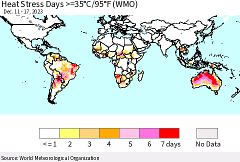 World Heat Stress Days >=35°C/95°F (WMO) Thematic Map For 12/11/2023 - 12/17/2023
