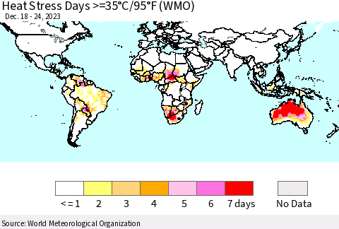 World Heat Stress Days >=35°C/95°F (WMO) Thematic Map For 12/18/2023 - 12/24/2023