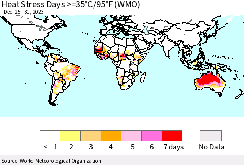 World Heat Stress Days >=35°C/95°F (WMO) Thematic Map For 12/25/2023 - 12/31/2023
