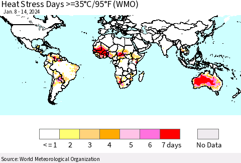 World Heat Stress Days >=35°C/95°F (WMO) Thematic Map For 1/8/2024 - 1/14/2024