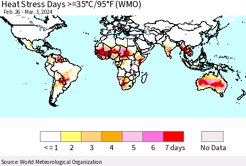 World Heat Stress Days >=35°C/95°F (WMO) Thematic Map For 2/26/2024 - 3/3/2024