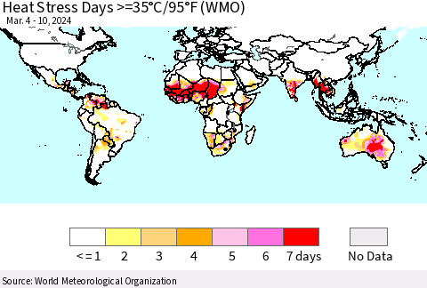 World Heat Stress Days >=35°C/95°F (WMO) Thematic Map For 3/4/2024 - 3/10/2024