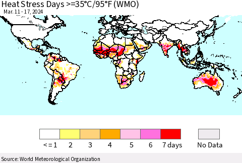 World Heat Stress Days >=35°C/95°F (WMO) Thematic Map For 3/11/2024 - 3/17/2024