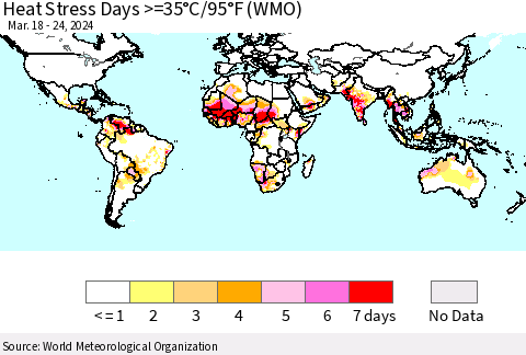 World Heat Stress Days >=35°C/95°F (WMO) Thematic Map For 3/18/2024 - 3/24/2024