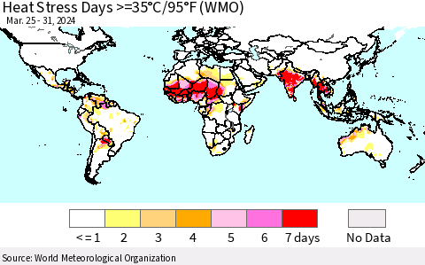 World Heat Stress Days >=35°C/95°F (WMO) Thematic Map For 3/25/2024 - 3/31/2024